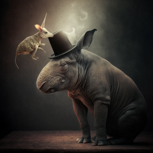 A flying unicorn creature sets a magician's hat atop a rhino-bunny